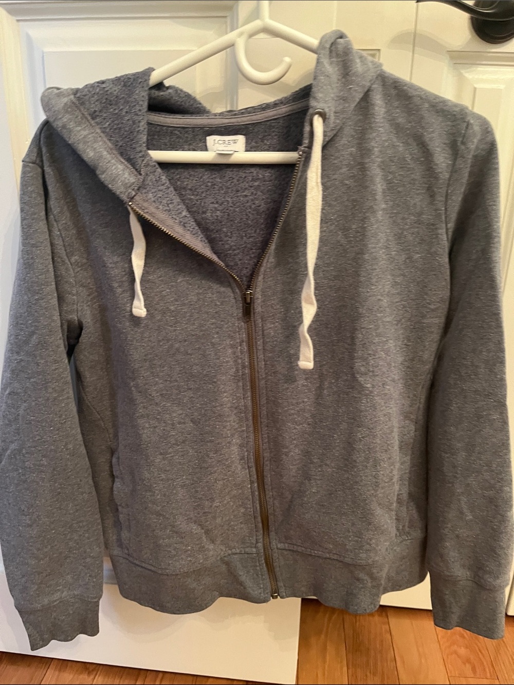 J Crew Women's Heather grey zip-up hoodie with hockey lace ties